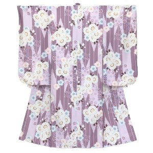 画像2: 七五三 7歳 女の子用 小紋柄 四つ身の着物と結び帯 他 フルセット【薄紫系、矢羽に桜】 (2)