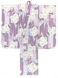 画像3: 七五三 7歳 女の子用 小紋柄 四つ身の着物と結び帯 他 フルセット【薄紫系、矢羽に桜】 (3)