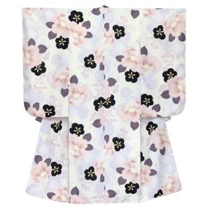 画像2: 七五三 着物 女の子 フルセット 総柄の女の子用 子供着物 結び帯コーデセット(合繊)【生成り系、ピンク椿・紫菊】 (2)