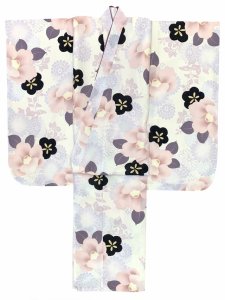 画像3: 七五三 着物 女の子 フルセット 総柄の女の子用 子供着物 結び帯コーデセット(合繊)【生成り系、ピンク椿・紫菊】 (3)