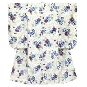 画像2: 七五三 7歳 女の子用 小紋柄 四つ身の着物と結び帯 他 フルセット【生成り系、クラシカルモダンローズ】 (2)