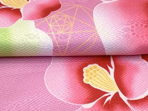 画像3: 卒業式 袴セット 女性用 二尺袖の着物(小振袖 ショート丈)と刺繍袴のセット【黄緑ｘピンク、椿】 (3)