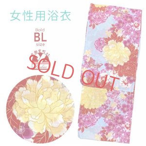 画像1: レディース 浴衣 ゆったりサイズ 単品 女性用 ゆかた 綿 幅広 BLサイズ 綿紅梅 変わり織【水色、赤黄芍薬】 (1)