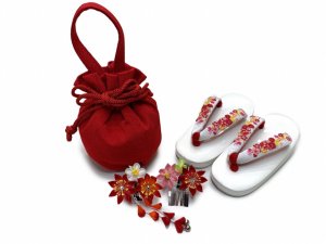 画像9: 七五三着物 3歳 正絹 友禅風柄の被布コートと着物 オリジナル・コーディネートセット【紅白、鈴と束ね熨斗】 (9)