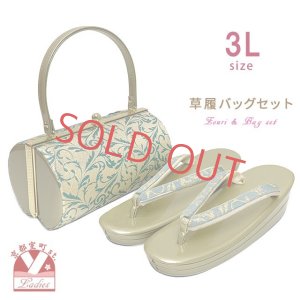 画像1: 草履バッグセット 草履3Lサイズ 帯生地の振袖用バッグと3L草履(適応：25.0cm-26.5cm位)セット【ゴールド系、唐草】 (1)