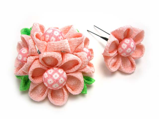 オリジナル手作り髪飾り-ちりめん・ピンクの花 2本セット