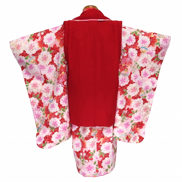 七五三 着物 3歳 女の子のお祝い着セット 被布コートセット(合繊)【赤×ピンク赤 鈴と八重桜 紅葉】