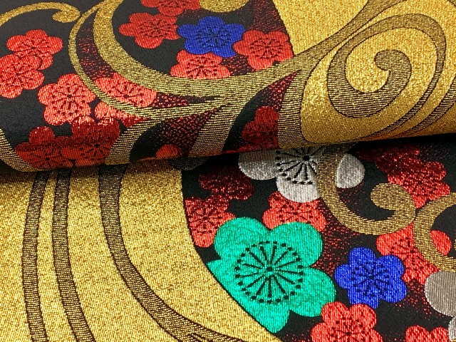 七五三 袋帯 正絹 ジュニア用 日本製 全通の女の子用祝帯 仕立て上がり【黒ｘ金、梅】