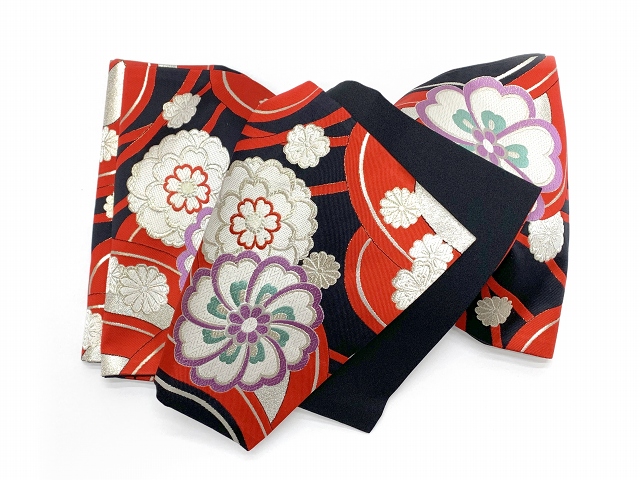 袋帯 振袖用 成人式の振袖に 西陣織の袋帯 六通 仕立て上がり【赤ｘ黒、菊と桜】
