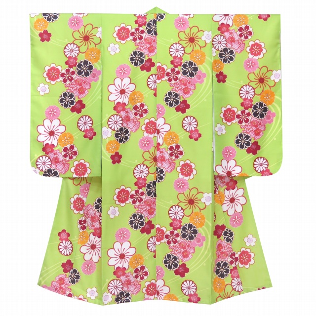 七五三 着物 7歳 女の子用 フルセット 子供着物 結び帯セット(合繊)【黄緑 桜に流水】