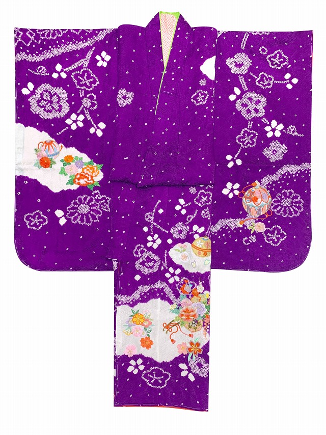 七五三 着物 7歳 女の子用 本絞り 刺繍入り 子供着物(正絹)【紫、花車】