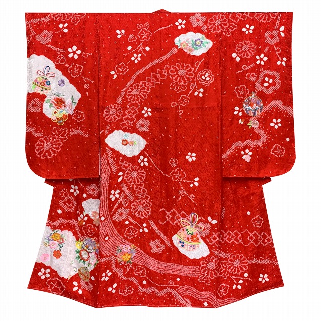 七五三 着物 7歳 女の子用 本絞り 刺繍入り 子供着物(正絹)【赤、鞠と 