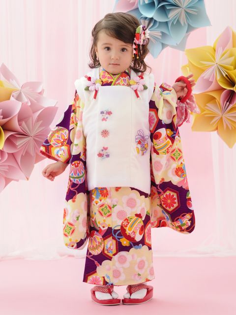七五三 3歳女の子の着物セット 式部浪漫ブランド 被布コートセット（合繊）【白x紫、雲】