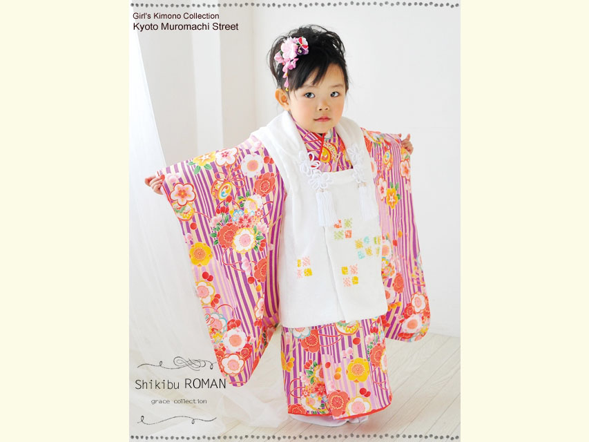 七五三 着物 式部浪漫 ブランド 3歳女の子の着物フルセット 正絹 紫 雪輪