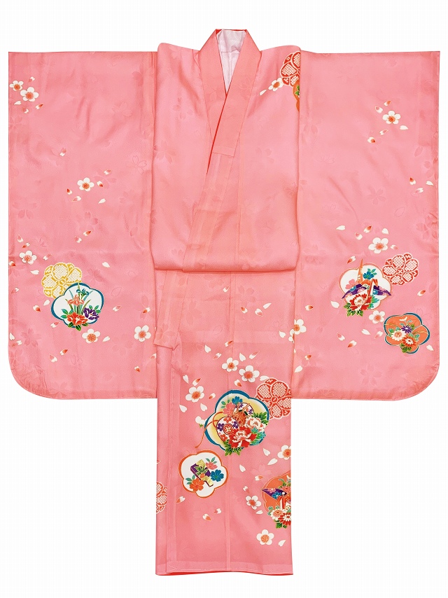 七五三 7歳 女の子用 日本製 正絹 絵羽付け 四つ身の着物【ピンク、鼓と牡丹】