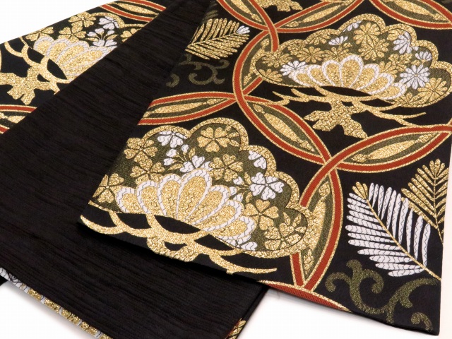 振袖用袋帯 成人式に 日本製 全通柄 古典柄の袋帯(合繊) 仕立て上がり【黒 松に七宝】