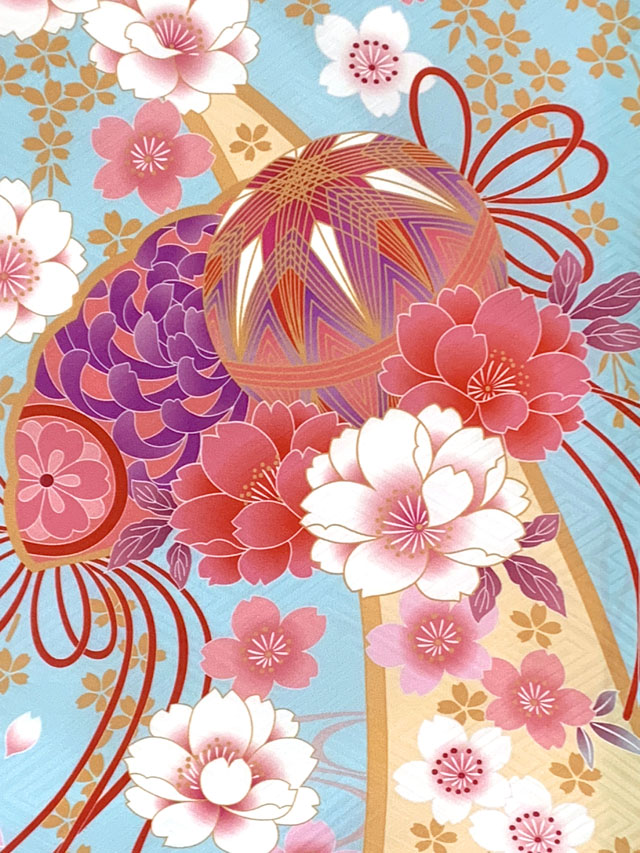 美品　七五三　7歳　女の子　きもの　絹　朱色　白　金糸　毬　桜　唐草　流水文様 082007top.jpg
