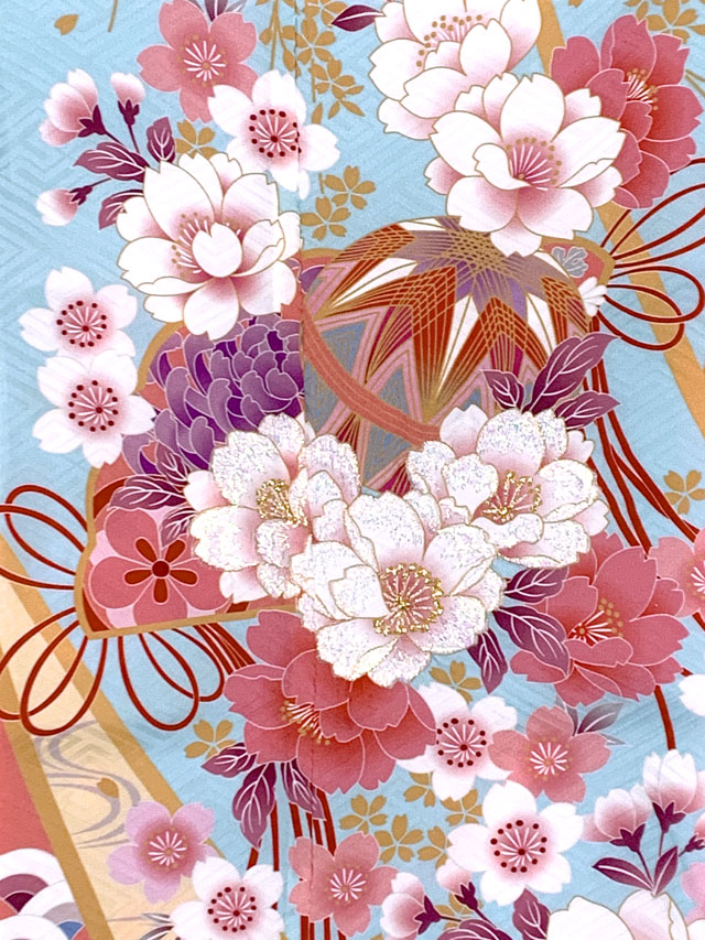 七五三 女の子 7歳 四つ身 着物 襦袢付き 絵羽柄 水色 ピンク BY7-6 七五三 着物 四つ身 セット 女の子 7歳 7才 絵羽柄 着物セット