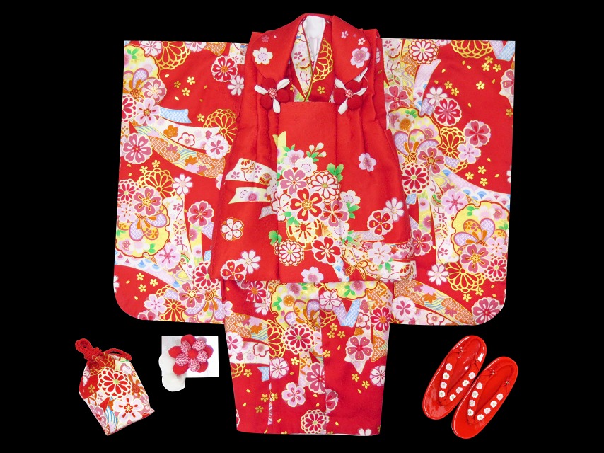 七五三 着物 “花ひめ” 3歳 女の子用 被布コートセット 正絹【赤ｘ赤